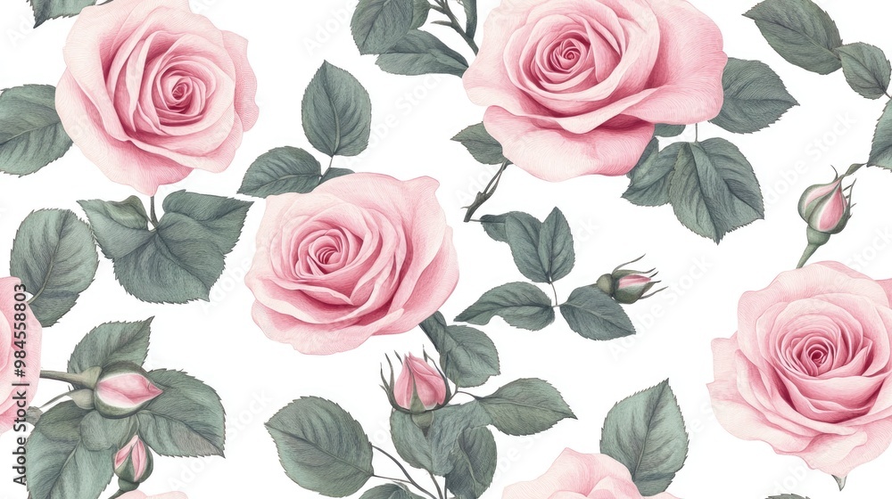 Romantic floral print featuring a seamless pattern of pink roses and leaves Ideal for cards gift wrapping and textile design Romantic floral print featuring a seamless pattern of pink roses and leaves Ideal for cards gift wrapping and textile design