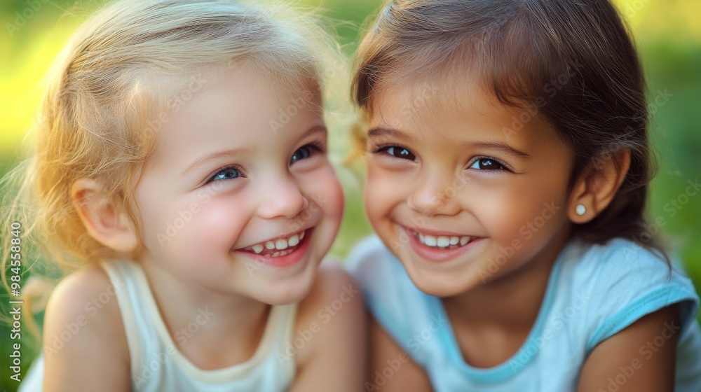 Two joyful young girls sitting close together outdoors, smiling brightly in the sunlight during a playful afternoon in a green park, capturing the innocence and happiness of childhood moments Two joyful young girls sitting close together outdoors, smiling brightly in the sunlight during a playful afternoon in a green park, capturing the innocence and happiness of childhood moments