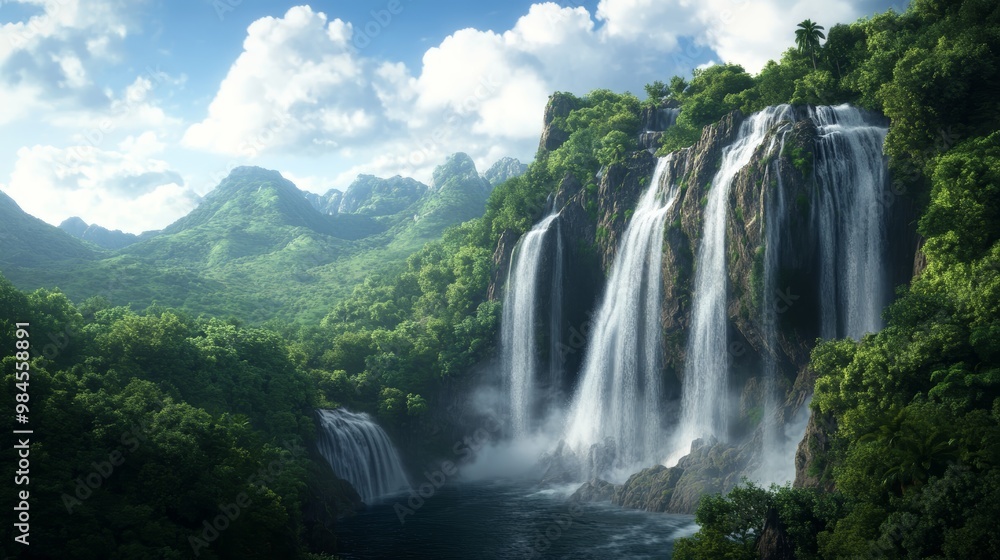Fototapeta premium A breathtaking waterfall surrounded by lush green mountains under a bright blue sky, showcasing nature's beauty and tranquility.
