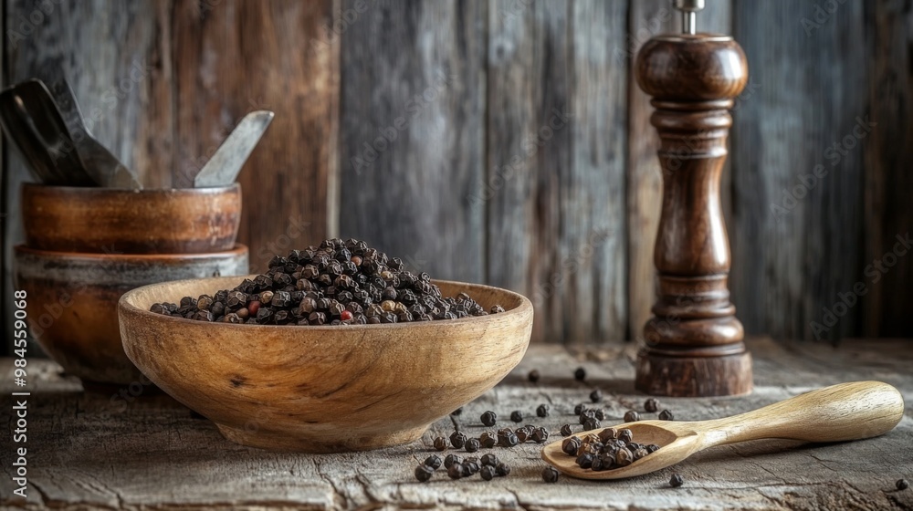 A rustic kitchen setting with a bowl of black peppercorns, a wooden spoon, and a pepper mill, ready for cooking.