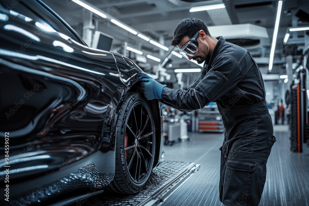 A focused mechanic in a workshop carefully examining a car tire, ensuring proper maintenance and safety checks in an auto repair setting. A focused mechanic in a workshop carefully examining a car tire, ensuring proper maintenance and safety checks in an auto repair setting.