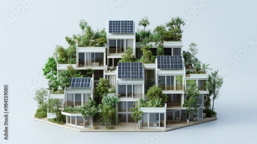 3D model of a complex consisting of residential buildings with rooftop gardens and solar panels photo