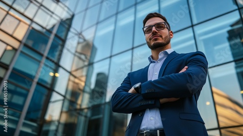 A confident young business leader standing with arms crossed in front of a glass office building, symbolizing success, empowerment, and professional growth. Perfect for leadership, career development,