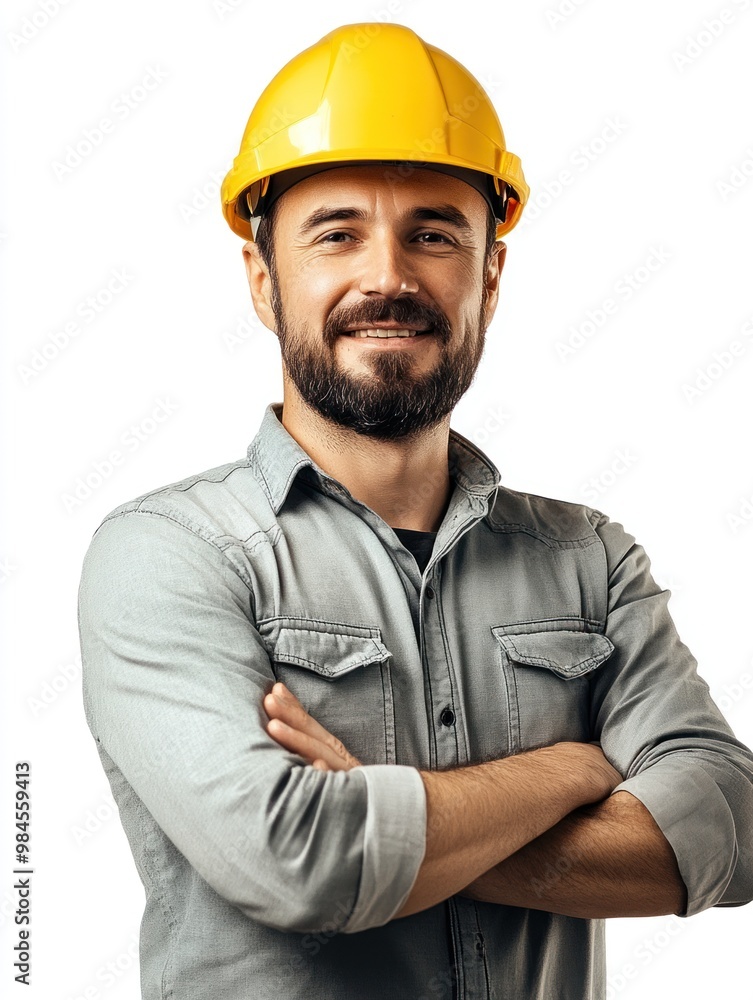 A man wearing a yellow hard hat and a gray shirt is smiling A man wearing a yellow hard hat and a gray shirt is smiling