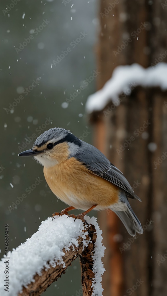 Naklejka premium Krupers Nuthatch enjoying winter snow.