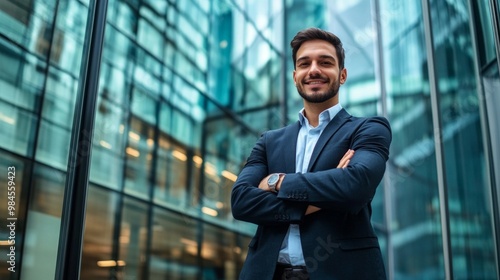 A confident young business leader standing with arms crossed in front of a glass office building, symbolizing success, empowerment, and professional growth. Perfect for leadership, career development,