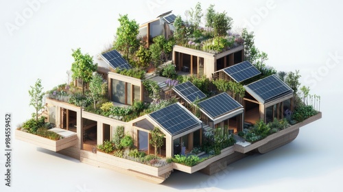 3D model of a complex consisting of residential buildings with rooftop gardens and solar panels