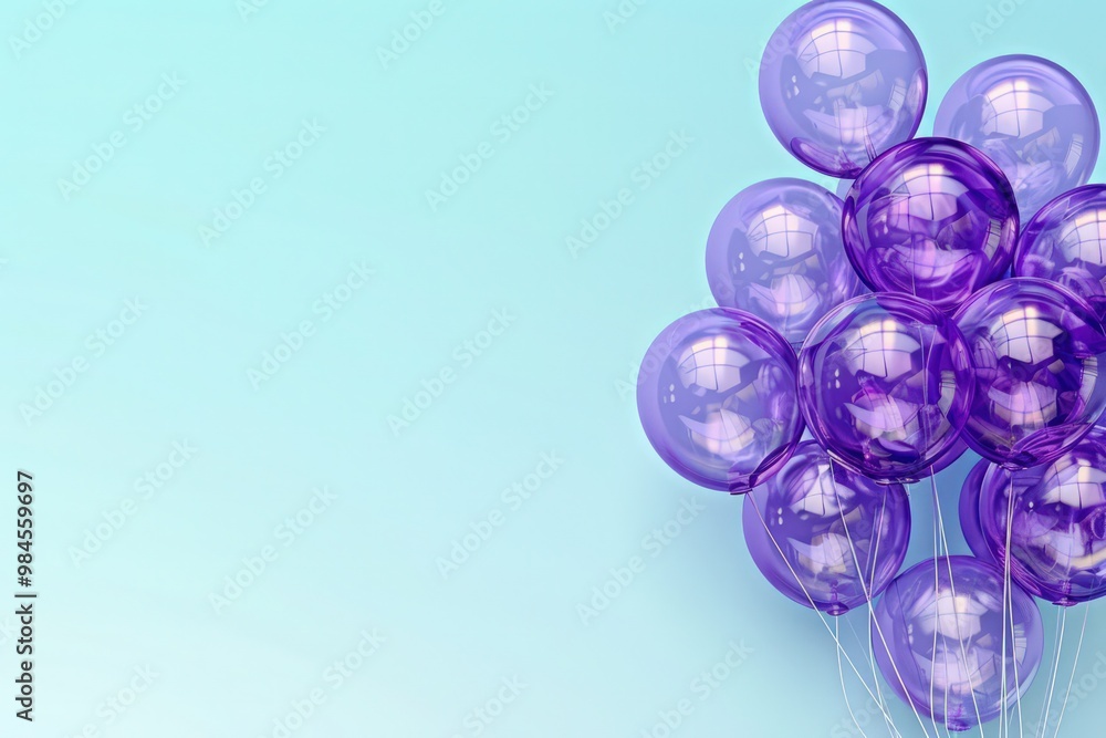 Many amethyst balloons isolated on the right of a sky blue background with empty copy space for text. Many amethyst balloons isolated on the right of a sky blue background with empty copy space for text.