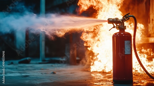 A fire extinguisher combating flames in an industrial setting, showcasing emergency response and safety equipment in action.