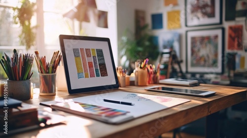 A designer's desk with a sketchpad, color palettes, and a tablet in a bright studio, symbolizing creativity and artistic innovation. Ideal for design, art, and creativity projects.