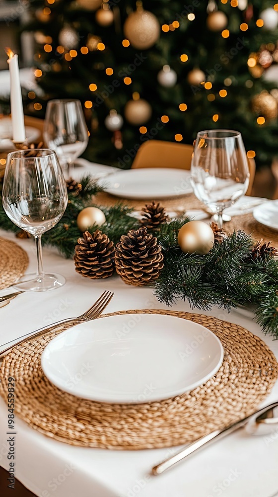 A beautifully arranged Christmas table features green and gold decorations with white plates, pine cones, and candles, creating a warm festive ambiance A beautifully arranged Christmas table features green and gold decorations with white plates, pine cones, and candles, creating a warm festive ambiance