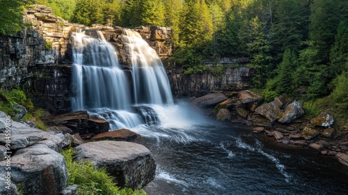 Dramatic capture of Blackwater Falls State Park using Nikon D850, showcasing natural light and lush landscapes in National Geographic style. High-resolution photography.
 photo