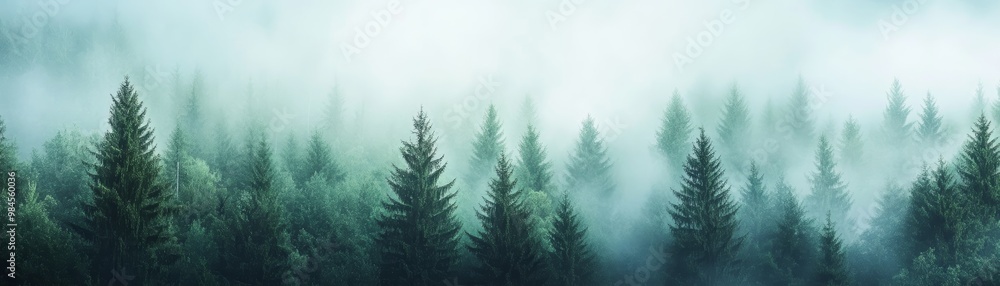 Obraz premium A misty forest landscape, enveloped in a mysterious fog, showcasing tall evergreen trees against a serene backdrop of nature.