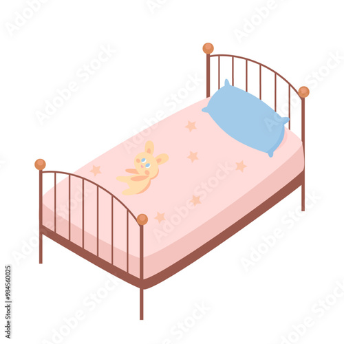 Empty kids bed illustration. Night children bedroom in kindergarten or nursery with pastel rose-beige bedclothes and toy for asleep. Cute vector illustration isolated on transparent background.