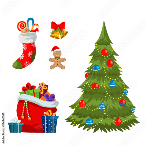 Merry Christmas elements vector illustration set. Traditional Xmas symbols. Decorated Christmas tree, big open Santa Claus bag with gifts, sock with treats, golden bell and gingerbread cookie.