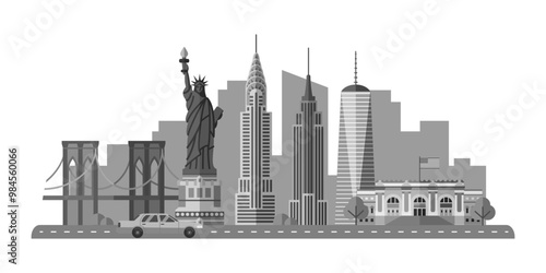New York landmarks. USA capital skyline background for postcard, banner, poster. NY cityscape. American world famous architectural sightseeing. Graphic flat vector illustration in white-gray colors.