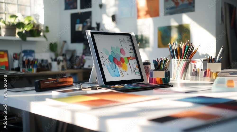 A designer's desk with a sketchpad, color palettes, and a tablet in a bright studio, symbolizing creativity and artistic innovation. Ideal for design, art, and creativity projects. A designer's desk with a sketchpad, color palettes, and a tablet in a bright studio, symbolizing creativity and artistic innovation. Ideal for design, art, and creativity projects.
