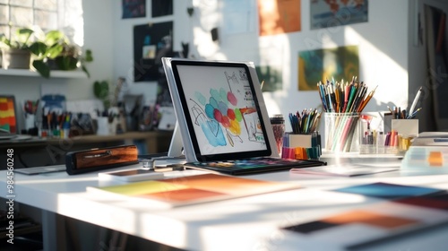 A designer's desk with a sketchpad, color palettes, and a tablet in a bright studio, symbolizing creativity and artistic innovation. Ideal for design, art, and creativity projects. 