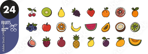 Colorful fruits icons set. Cherry, strawberry, kiwi, apple, berry, lemon, fig, pineapple, pear, grapes, banana, melon, grapefruit, coconut, mango, plum, peach, lime vector illustration