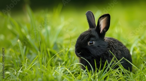 Cute black bunny sitting in grass with ears up looking away in soft sunlight on a grassy field