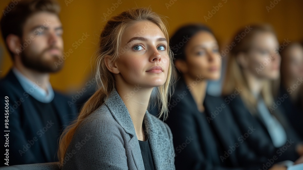 Obraz premium A group of business people at a conference or meeting, sitting in arow and listening to a presentation. Highlighting the focus and engagement of attendees.