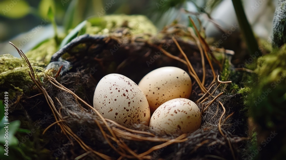Close-up of three speckled bird eggs resting in a moss-lined nest, surrounded by natural forest foliage. Close-up of three speckled bird eggs resting in a moss-lined nest, surrounded by natural forest foliage.