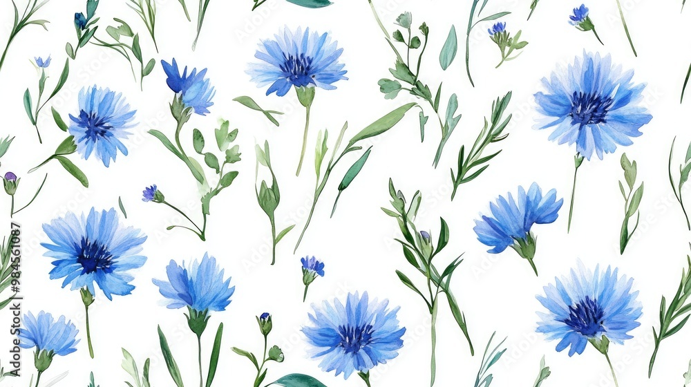 Fototapeta premium Watercolor seamless pattern featuring blue cornflowers and herbs on a white background Ideal for textiles fabrics covers wallpapers prints gift wrapping and scrapbooking