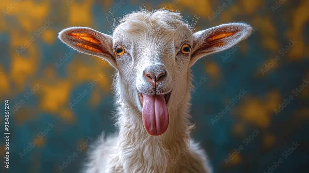 Fototapeta premium Portrait of a goat playfully sticking out its tongue