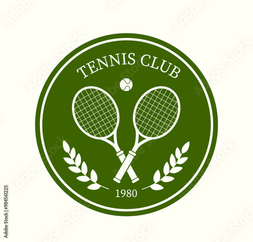 Tennis club logo. Two rackets with ball in green cicrle. Competition and tournament. Logotype and emblem for company. Sticker for social networks. Flat vector illustration