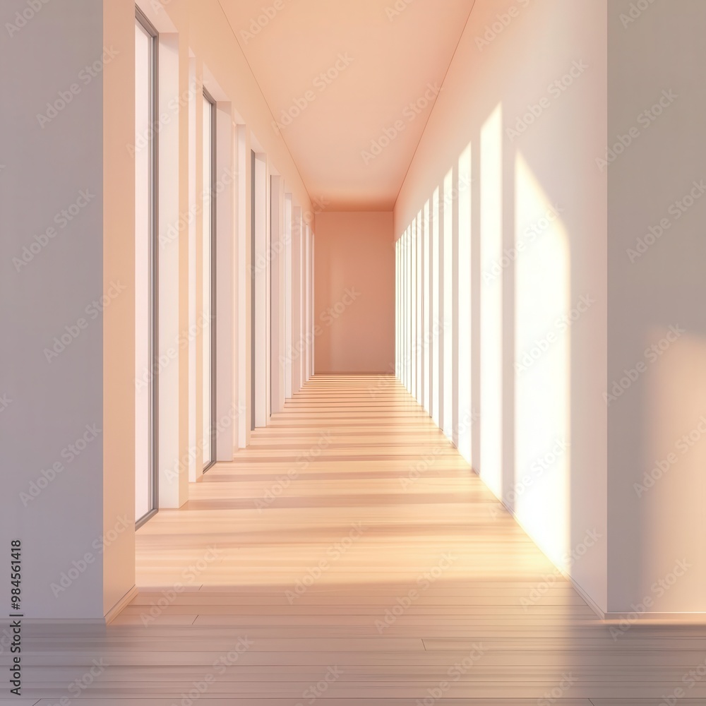 Office hallway, lined with business offices, 3D illustration, copy space for text, Office hallway, lined with business offices, 3D illustration, copy space for text,