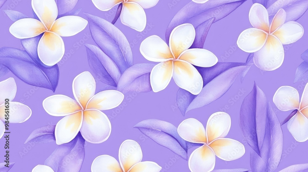 Beautiful seamless raster pattern for decoration and design Elegant vintage style pattern featuring plumeria flowers Trendy print with watercolor ditsy plumeria flowers set against a purple backgr Beautiful seamless raster pattern for decoration and design Elegant vintage style pattern featuring plumeria flowers Trendy print with watercolor ditsy plumeria flowers set against a purple backgr