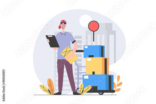 Delivery concept in modern flat design for web. Courier with clipboard shipping parcels and moving cardboard boxes. Fast transportation company and postal logistics service. Illustration.