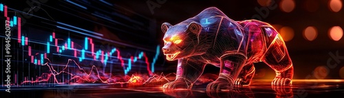 Bear statue glowing with dark energy in front of a plummeting stock graph, symbolizing market panic. photo