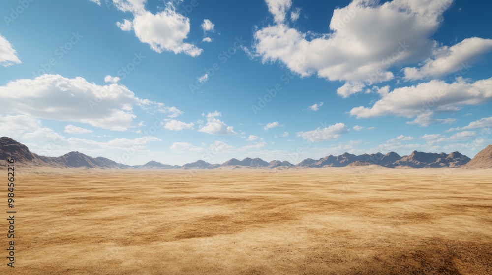 A vast desert landscape featuring golden sand dunes under a bright blue sky dotted with fluffy clouds and distant mountains. A vast desert landscape featuring golden sand dunes under a bright blue sky dotted with fluffy clouds and distant mountains.