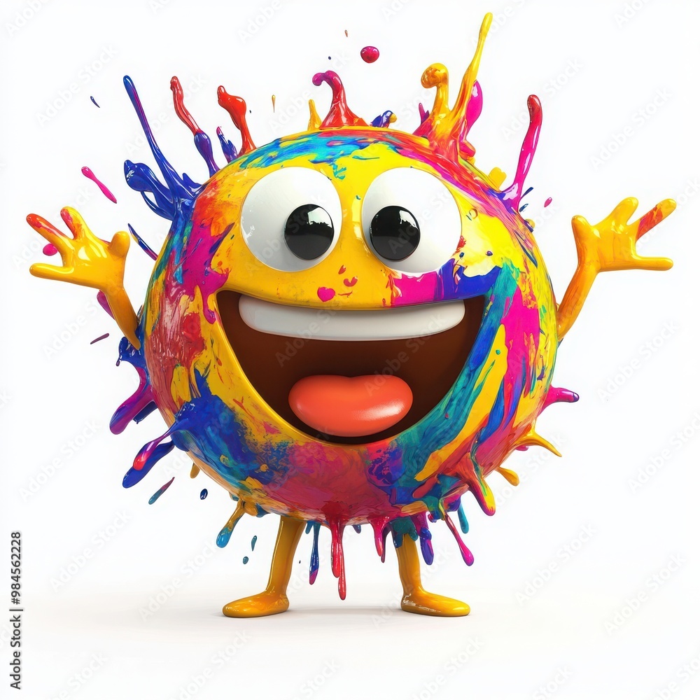 Fototapeta premium A 3D cartoon emoji with vibrant splashes of paint covering its body, showing a lively, artistic energy, on a white background