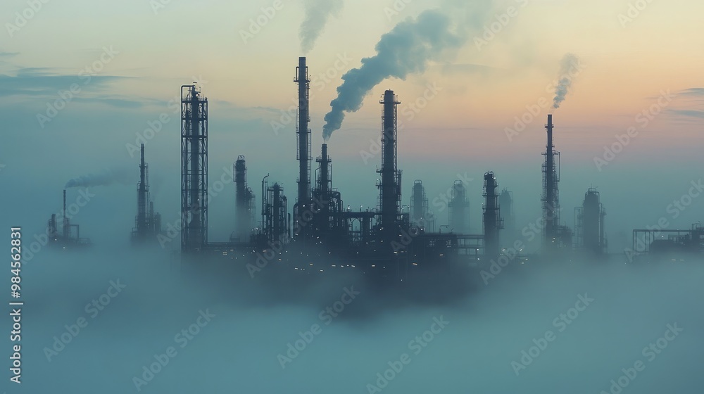 Fototapeta premium A large industrial refinery complex emits smoke as it rises through dense fog at dawn, creating a moody atmospheric scene.