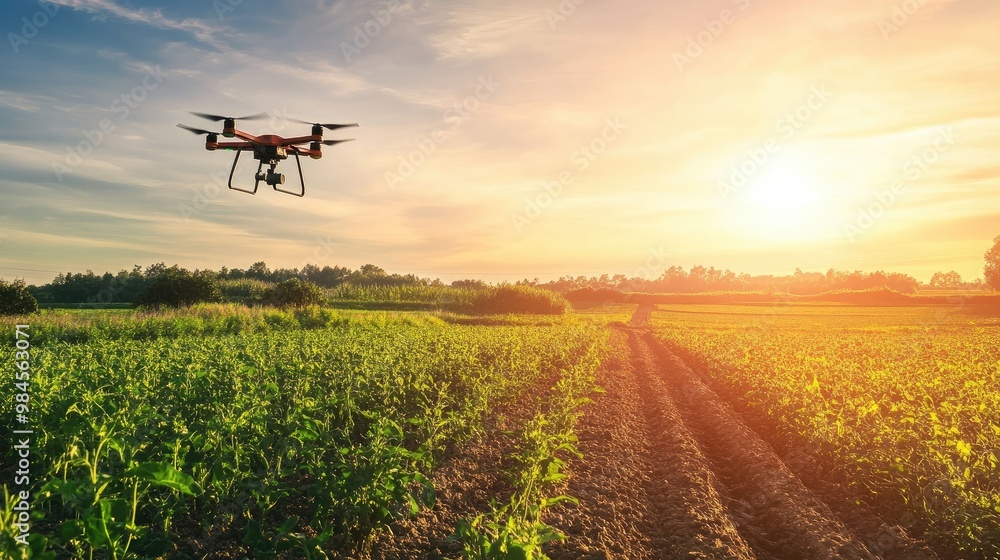 A drone equipped with a camera hovers over a green agricultural field at sunset, showcasing modern technology in farming. A drone equipped with a camera hovers over a green agricultural field at sunset, showcasing modern technology in farming.
