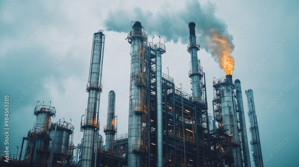 An industrial plant with tall smokestacks releasing smoke into the air, representing heavy manufacturing, pollution, and environmental impact. An industrial plant with tall smokestacks releasing smoke into the air, representing heavy manufacturing, pollution, and environmental impact.