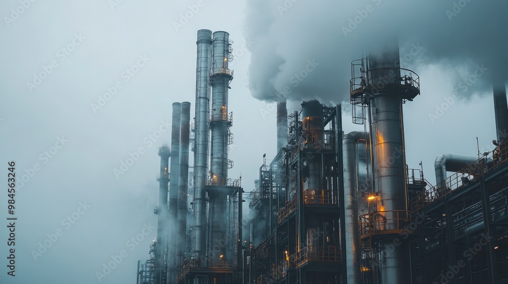 An industrial plant with tall smokestacks releasing smoke into the air, representing heavy manufacturing, pollution, and environmental impact. An industrial plant with tall smokestacks releasing smoke into the air, representing heavy manufacturing, pollution, and environmental impact.