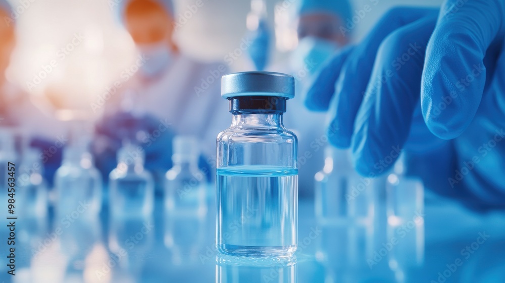 Close-up of a medical vial in a lab, showcasing vaccination preparation by healthcare professionals in protective gear. Close-up of a medical vial in a lab, showcasing vaccination preparation by healthcare professionals in protective gear.