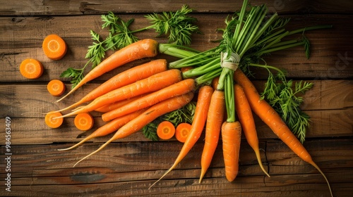 Fresh Carrots on Wooden Background