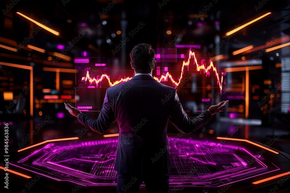 Businessman presenting a glowing bull market graph in a futuristic boardroom, signifying bullish trends. Businessman presenting a glowing bull market graph in a futuristic boardroom, signifying bullish trends.