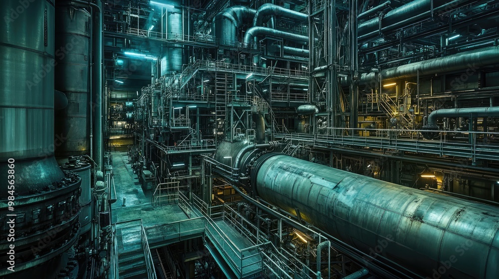 A detailed view of a large, complex industrial facility filled with interconnected metal pipes, machinery, and walkways, highlighting heavy industry and engineering. A detailed view of a large, complex industrial facility filled with interconnected metal pipes, machinery, and walkways, highlighting heavy industry and engineering.