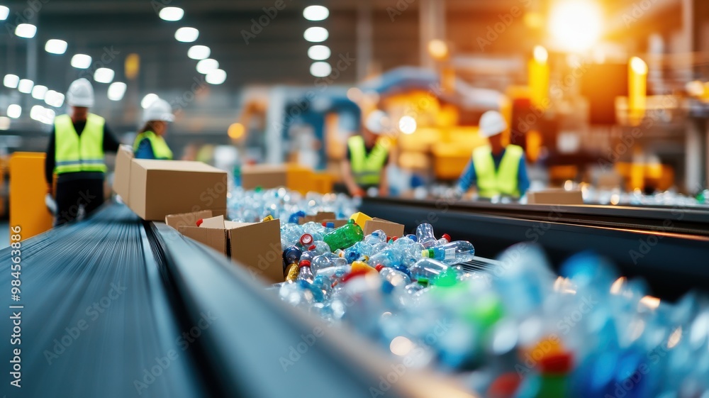 Obraz premium Workers sorting recyclable materials in a modern facility. Efficient operations for sustainable waste management.