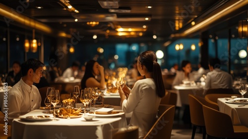 Couples enjoying an intimate, candlelit dinner at a sophisticated fine dining restaurant, surrounded by a warm, upscale ambiance and elegant table settings.