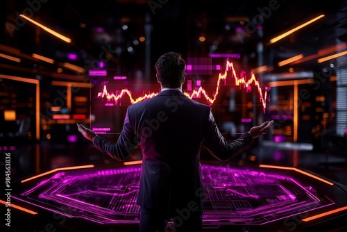 Businessman presenting a glowing bull market graph in a futuristic boardroom, signifying bullish trends. photo