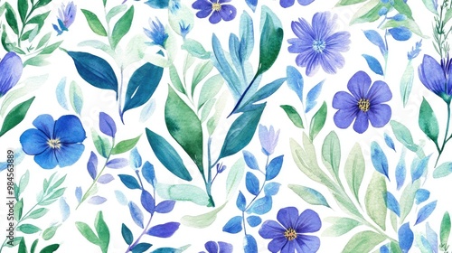 Raster illustration of wildflowers and leaves in green blue and violet colors Seamless background pattern Watercolor hand drawn design