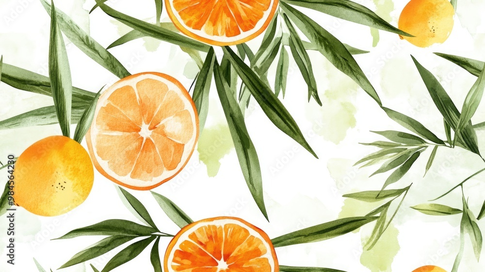 Seamless pattern of watercolor bamboo stems and leaves featuring a bamboo forest on textured paper Includes silhouettes of branches amidst tropical foliage and fruits like orange and citrus Seamless pattern of watercolor bamboo stems and leaves featuring a bamboo forest on textured paper Includes silhouettes of branches amidst tropical foliage and fruits like orange and citrus