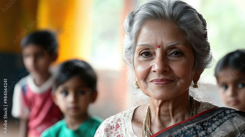 An elderly woman with gray hair and traditional attire smiles at the camera while children observe her with curiosity, creating a heartwarming atmosphere An elderly woman with gray hair and traditional attire smiles at the camera while children observe her with curiosity, creating a heartwarming atmosphere