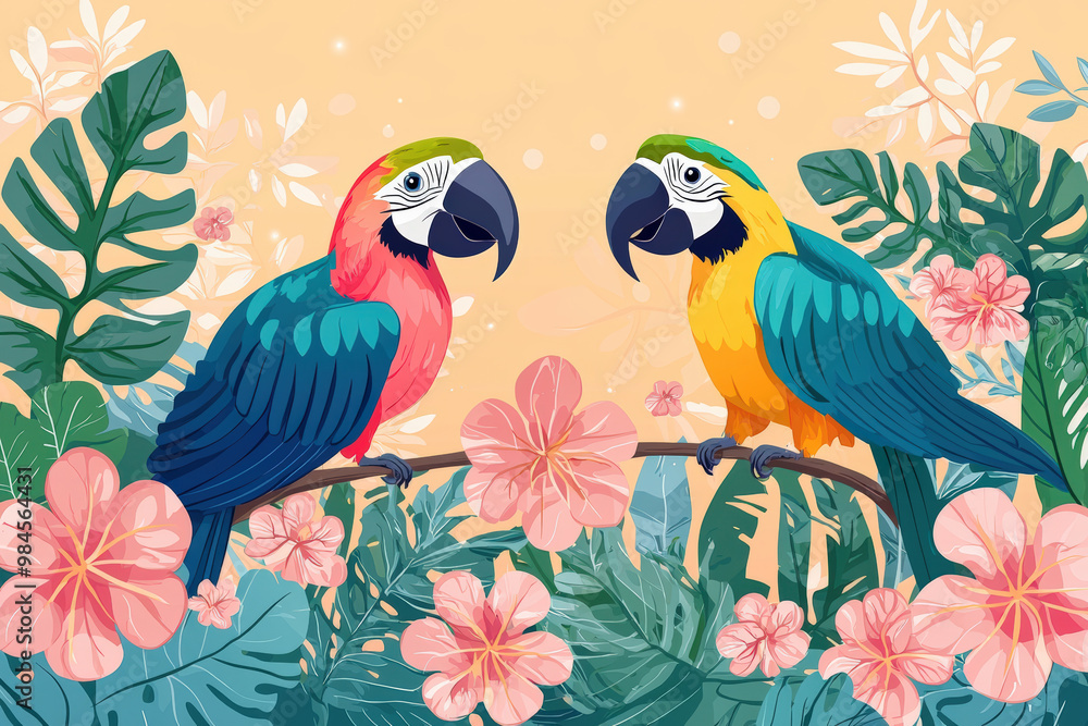 Colorful parrots perched among vibrant flowers and lush greenery create lively and tropical atmosphere. This illustration captures beauty of nature with soft background Colorful parrots perched among vibrant flowers and lush greenery create lively and tropical atmosphere. This illustration captures beauty of nature with soft background